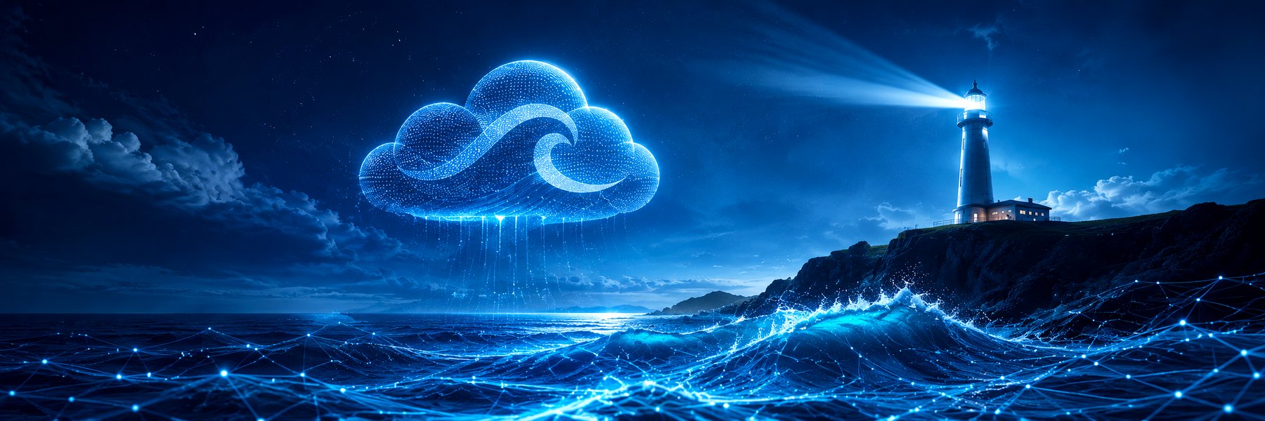 A glowing cloud of connected data above a digital ocean, with a lighthouse beaming across the water