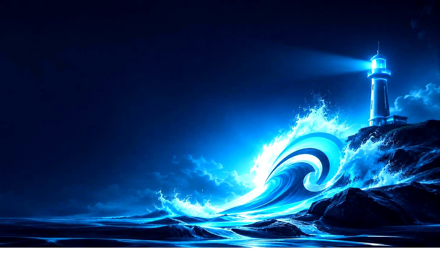 A lighthouse guiding the way over a glowing ocean