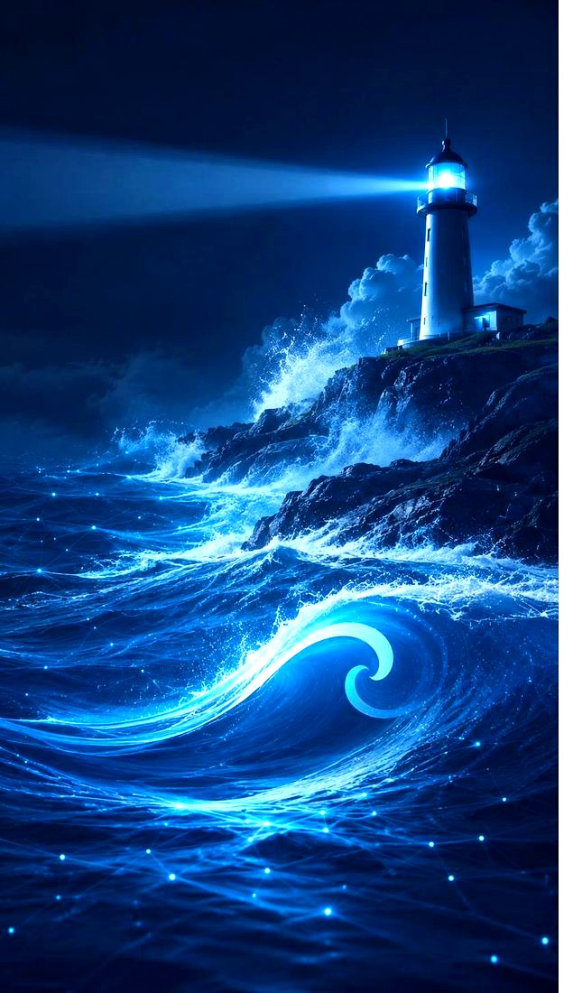 Waves crashing on a rocky coast below a lighthouse